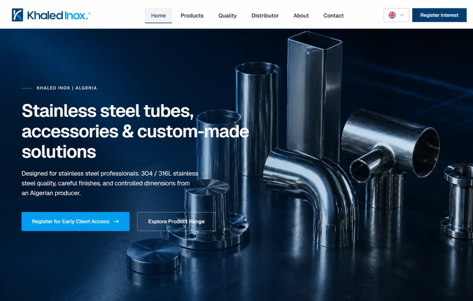 Khaled Inox multilingual industrial homepage.